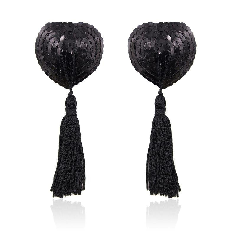 Copricapezzoli autoadesivi con paillettes a forma di cuore e nappa, LATETOBED BDSM LINE, nero